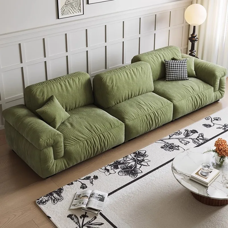 

Modern simple tofu block sofa chenille straight row three-person cream style fabric sofa