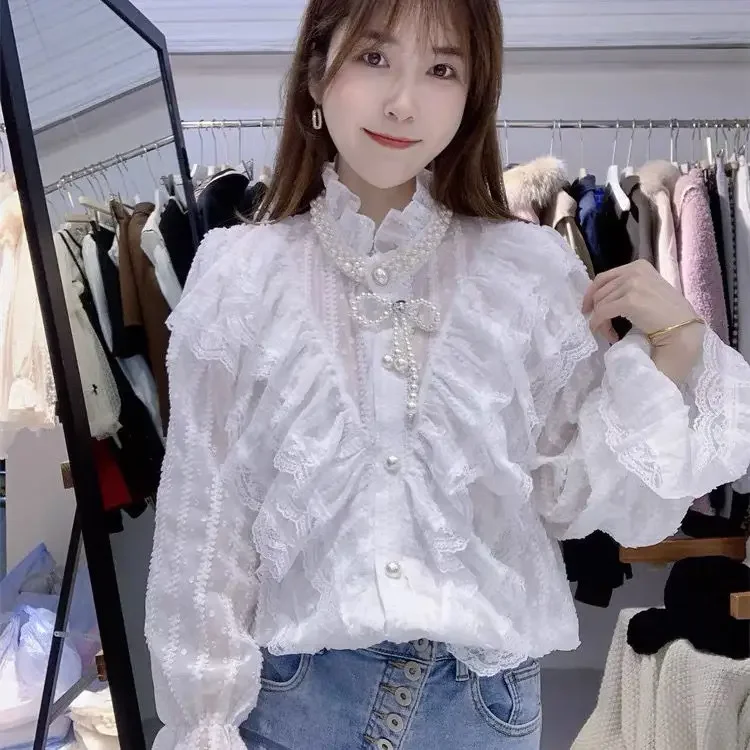 Gagarich Spring New Pearl Single Breasted Ruffle Edge Chiffon Blouse Elegant  Fashion Lady Super Immortal Horn Sleeve Lace Shirt