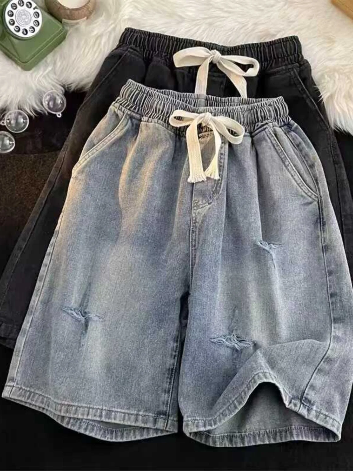 

Летние мужские джинсовые шорты с эффектом потертости, длиной до колена, в американском ретро-стиле, с эластичным поясом, для повседневной носки