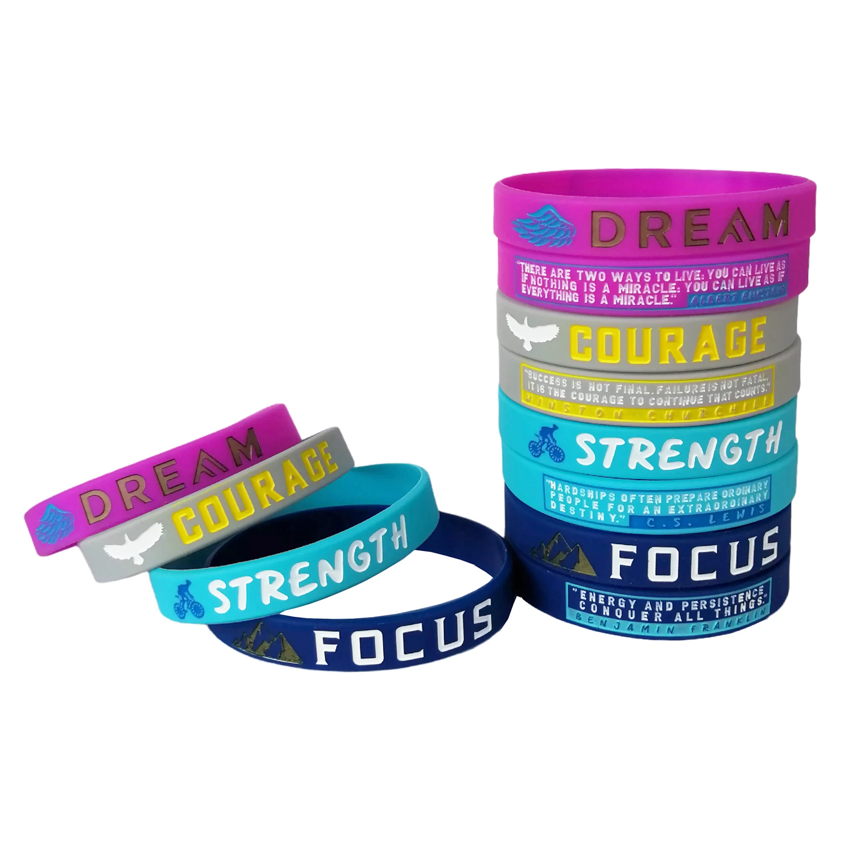 (12-Pack) Dream, Courage, Strength, Focus Motivational Quote Bracelets Silicone Rubber Wristbands Inspirational Gifts