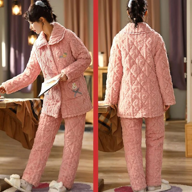 2023 Winter New Women Pajamas Coral Fleece Cotton-Padded Jacket Warm Fleece-Lined Suit Loose Comfortable Suit Home Wear