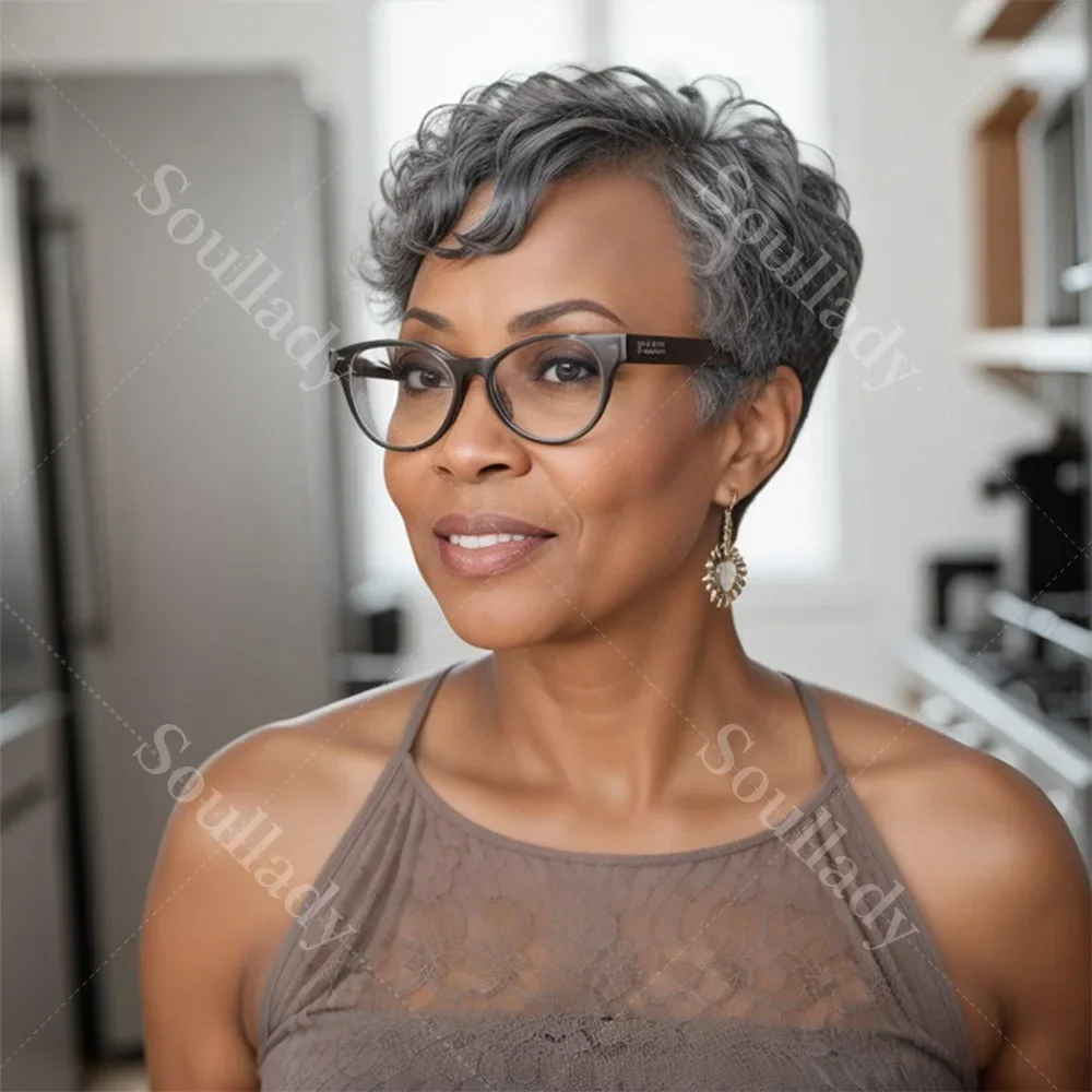 

Wig Secret Standard Salt & Pepper Edgy Pixie Cut Wig Natural Wave Human Hair 4x1 Part Lace Closure Glueless Wig For Mature Women