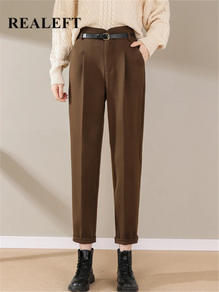 

REALEFT 2022 New Women's Woolen Pants With Belt Warm Elegant High Waist Pockets Solid Color Haroun Trousers Suit Pants Female