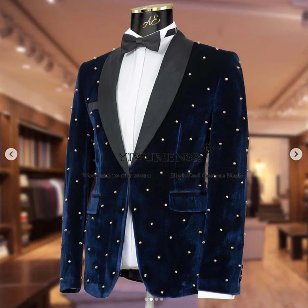 Luxury Wedding Suits For Men Navy Blue Velvet Jacket With Black Soild Pants 2 Pieces Bridegroom Tuxedo Tailored Trajes De Hombre