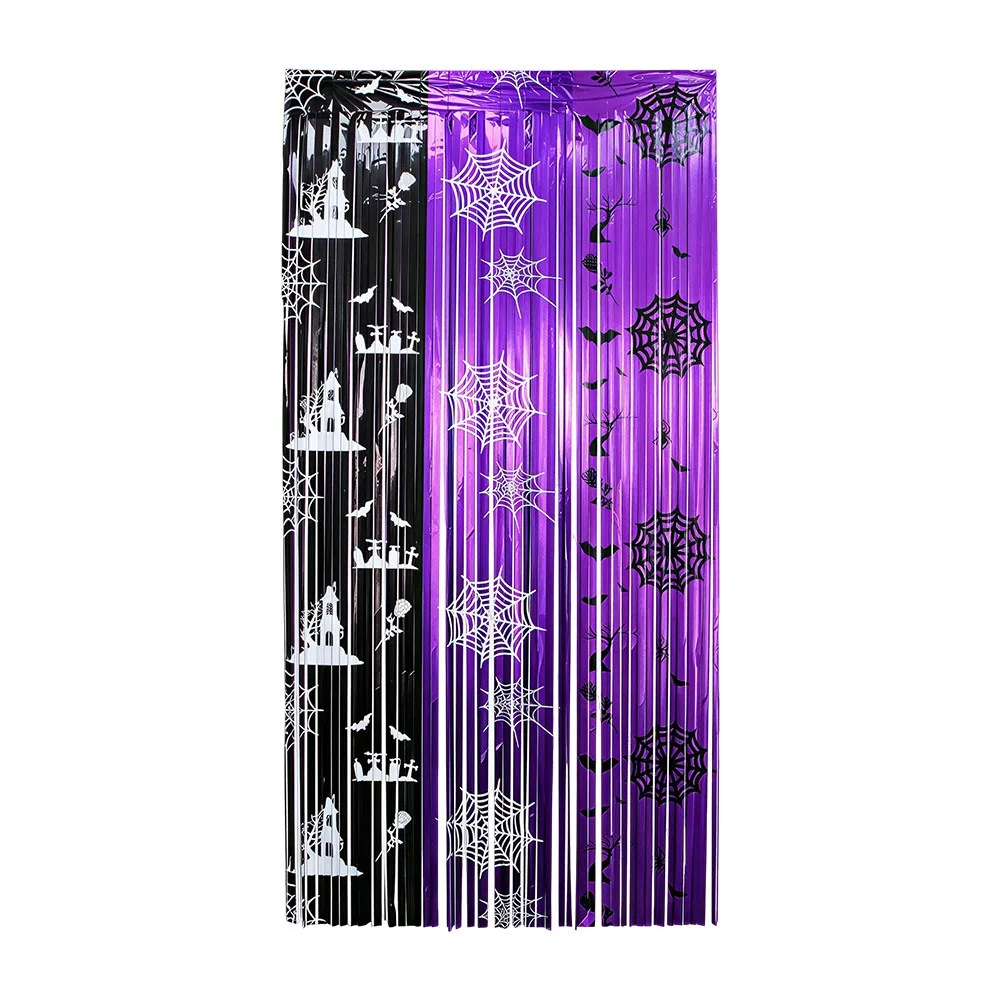 Sparkling Halloween Tinsel Curtain Spider Web 2M Scary Background Wall Tassel Cartoon Reusable Door Hanging Decor Party Supplies