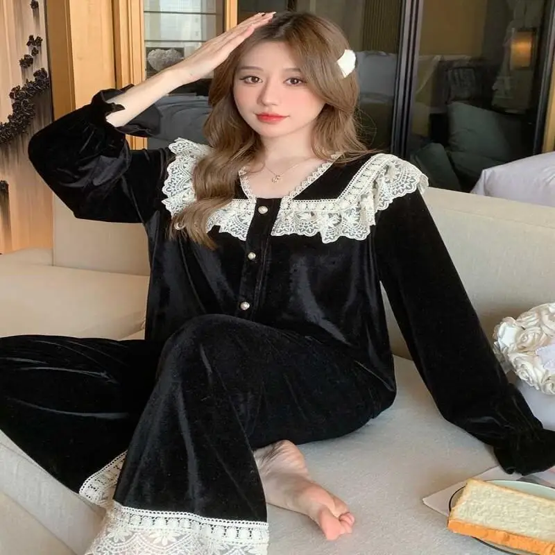 파자마 세트 골드 벨벳 레이스 레이스 수트 라이트 럭셔리 여성용 봄 가을 겨울 블랙 코트 스타일 홈웨어