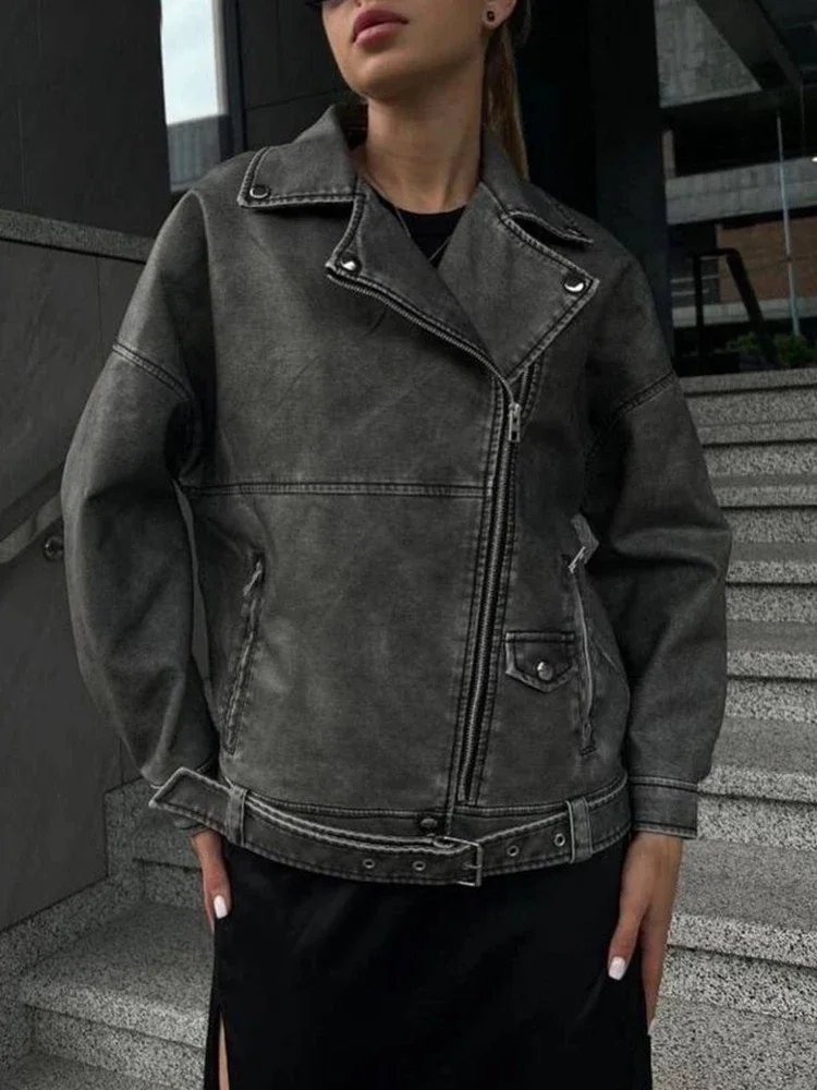 Streetwear Women Vintage Loose Pu Faux Leather Jacket Spring Autumn Female Retro Zipper Belt Coat Outwear