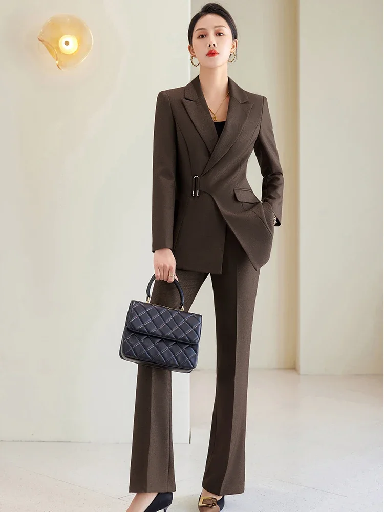 Blue Formal Women Pant Suit Sets Brown Navy Black Fashion Jacket+Trouser Business Work Wear 2 Piece Blazer For Autumn Winter