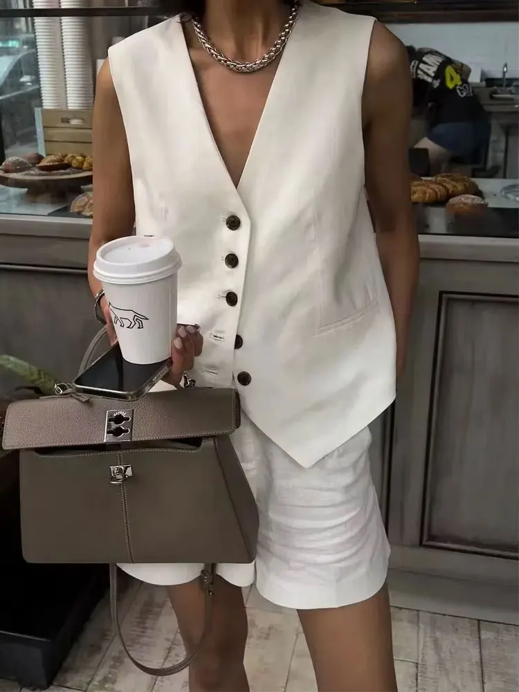 HH Causale Lino Solid Gilet per le donne 2024 Estate senza maniche con scollo a V monopetto Office Lady Fashion Gilet di lino Top