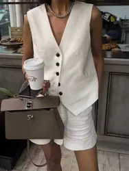 HH Causal Lino Solid Vests For Women 2024 Summer Sleeveless V-Neck Single Breasted Office Lady Fashion Linen Vest Tops