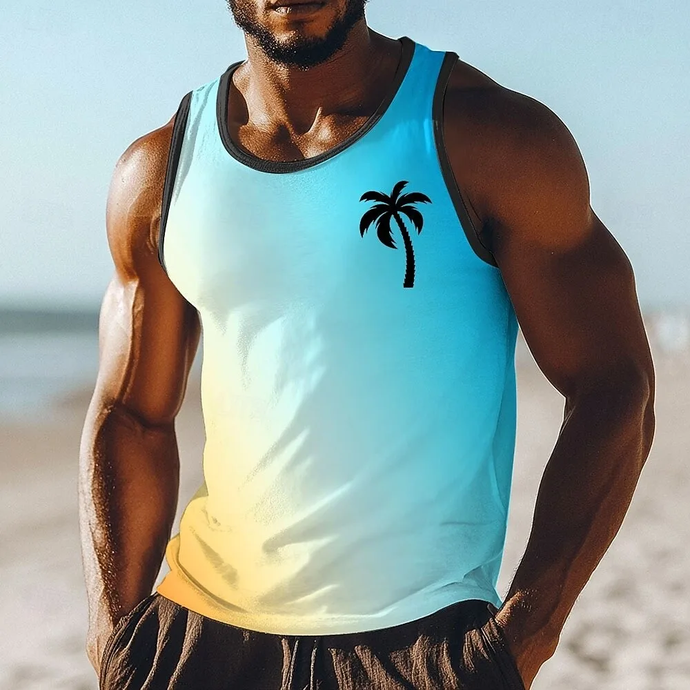 Mens Sleeveless Round Neck T-shirt TankTop Summer Gradient Morandi Style Minimalist Black Palm TreeTropical Beach Degree Pretend