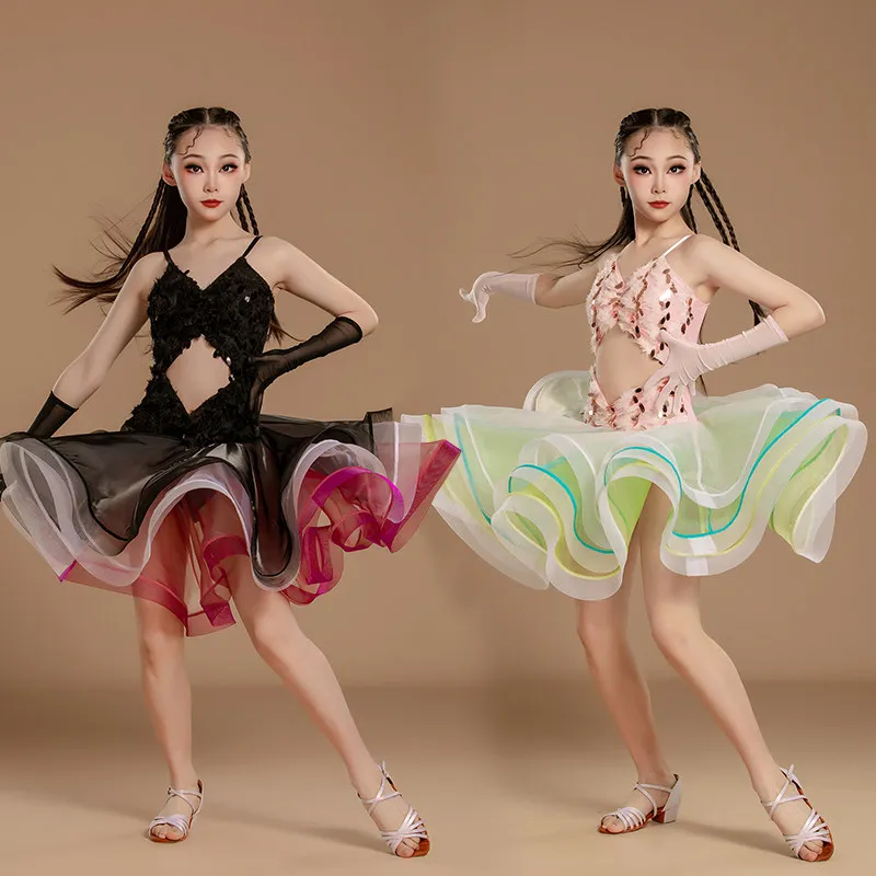 Customized Latin Dance Dress Children's Performance Practice Set Modern Ballroom Dance Competition Dresses and Glove