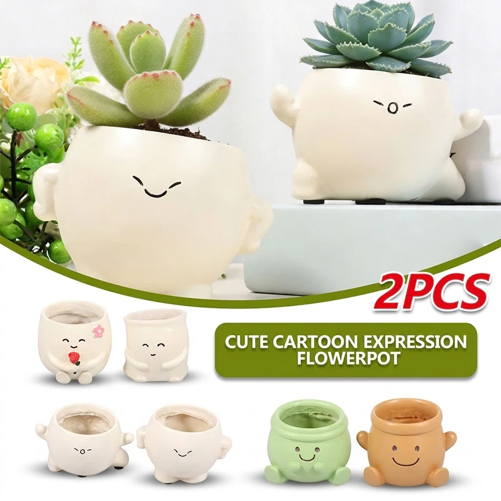 

2Pcs Smile Face Plant Pot Resin Cute Small Succulent Planter with Drainage Hole Cacti Herb Flower Pot for Home Garden Decoration