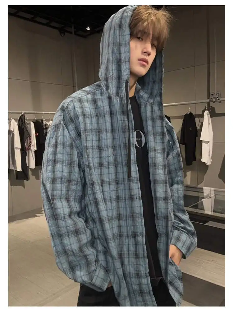 

Lightweight Summer Plaid Hooded irt Men's Outdoor Clothing Jaet Stand Fit Long Sve Button Closure Youth Faion