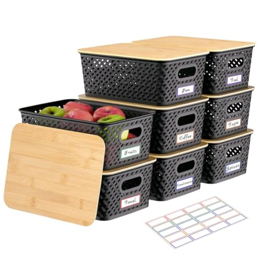 8 Packs Plastic Storage Bins With Bamboo Lids - Stackable S…