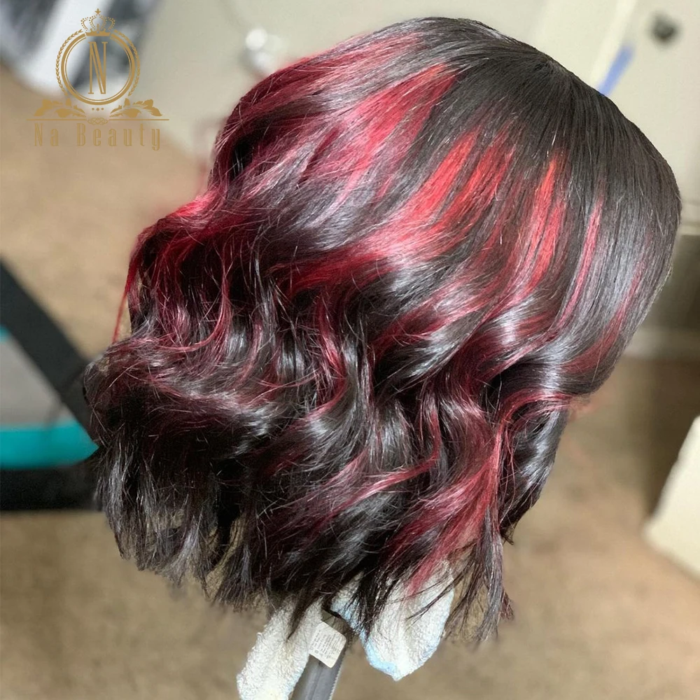 

Highlight Red Color Wig 13x4 Lace Front Human Hair Transparent Lace Wig Short Wave Bob Wig Bleached Knots For Black Women 180%