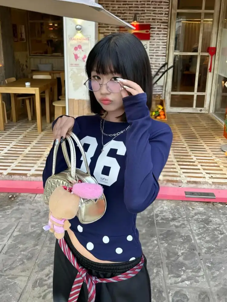 

Erwofeina Streetwear Patchwork Dot Graphic T Shirts Woman Clothes Long Sleeve Korean Fashion Tees Female Clothing 2000s Y2k Chic