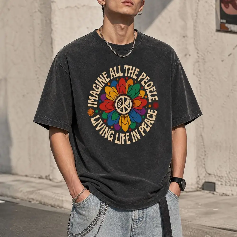 Imagine All The Peoele Living Life In Peace T-Shirt, Floral Daisy Peace Sign Tee, Hippie Tee, Y2k Vintage Street Wear T-shirt