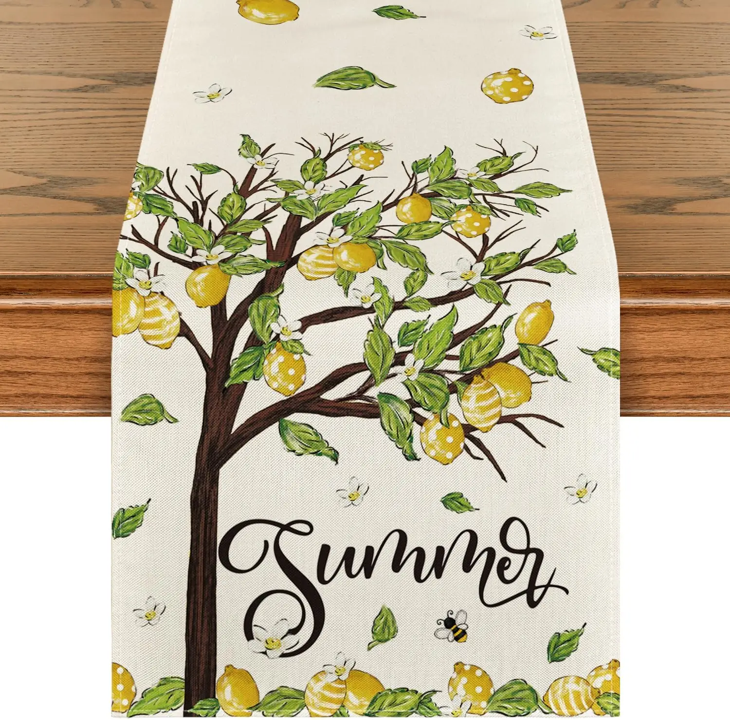 Summer Lemon Bee Leaves Hello Sunshine Linen Table Runner Seasonal Spring Kitchen Dining Table Decor Holiday Wedding Party Decor