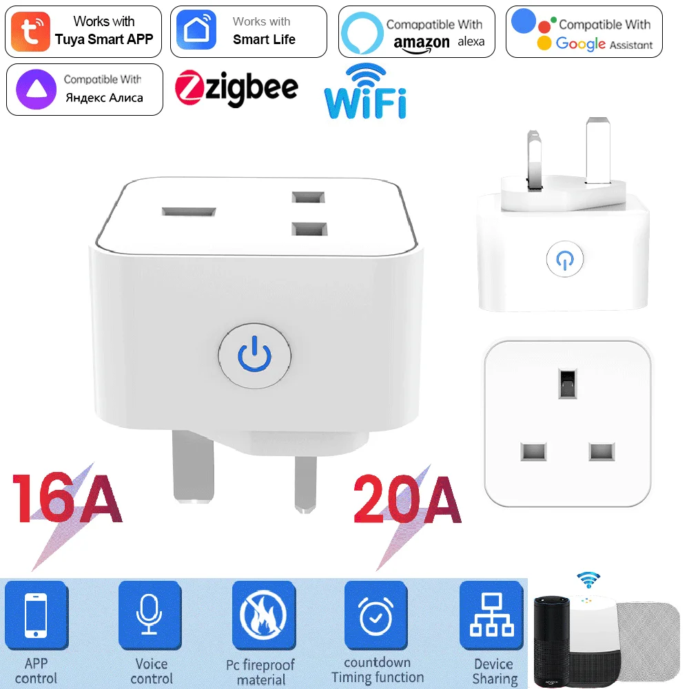Tuya Smart Socket 16A/20A WiFi or Zigbee UK Plug 3pin Adapter Home Alexa Voice Control With Energy Monitering Function