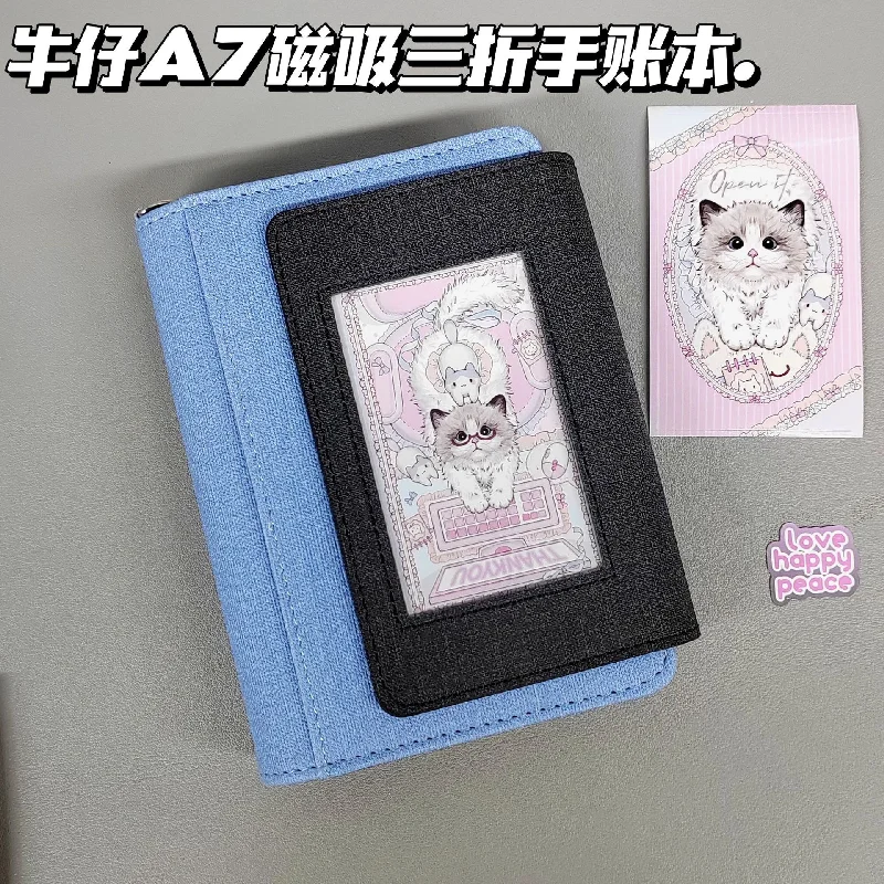 Korean Style A7 Tri-fold Loose Leaf Notebook Denim Color Block Journal DIY Planner for Students School