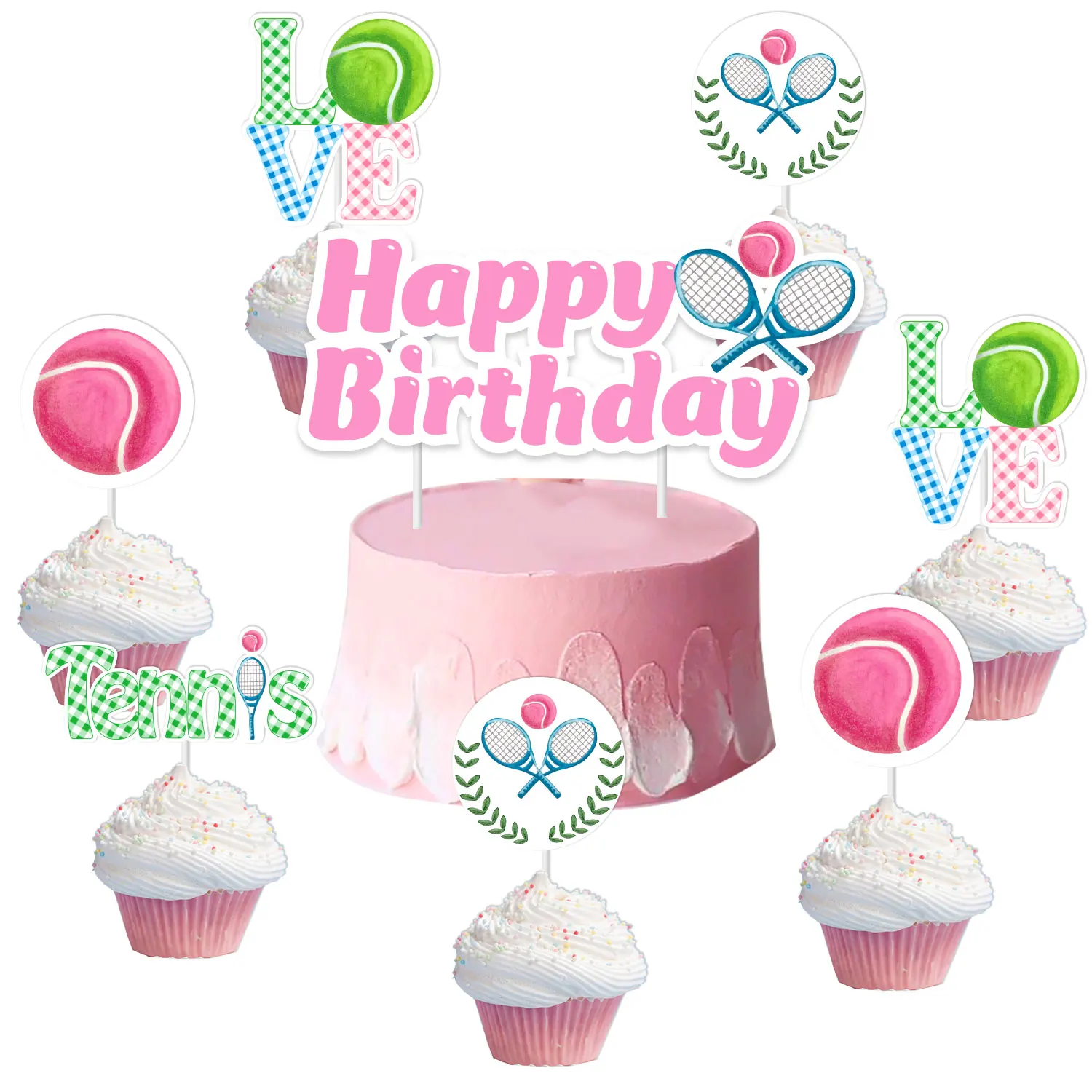 Sports Themed Birthday Party Decor for Women and Kids, Tennis Cake Topper, Cupcake Toppers, Pink, Green, Happy Birthday Tennis R