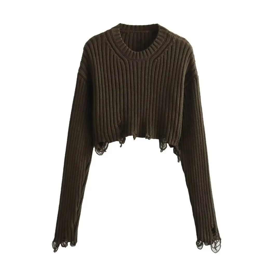 

Zatrax2024 женский свободный вязаный свитер в короткую полоску с длинными рукавами, модный универсальный осенний дизайн, кардиган с дырками