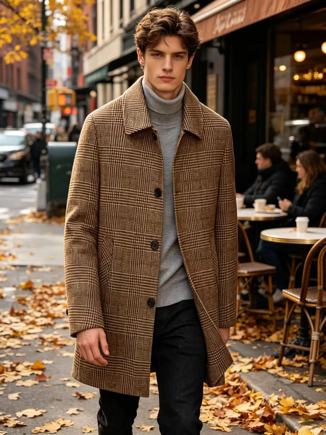 

Мужское клетчатое пальто из смесовой шерсти с отложным воротником, средней длины, в классическом британском стиле, для делового повседневного образа