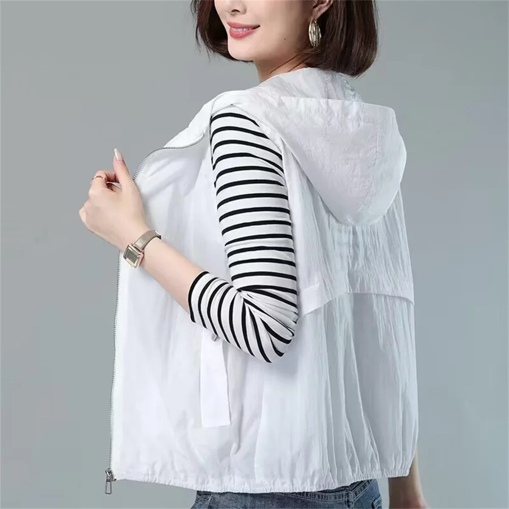 여성용 후드 자외선 차단 조끼, 용수철 여름 캐주얼 민소매 얇은 조끼 재킷, 짧은 숙녀 탑 아우터, 2024 신상