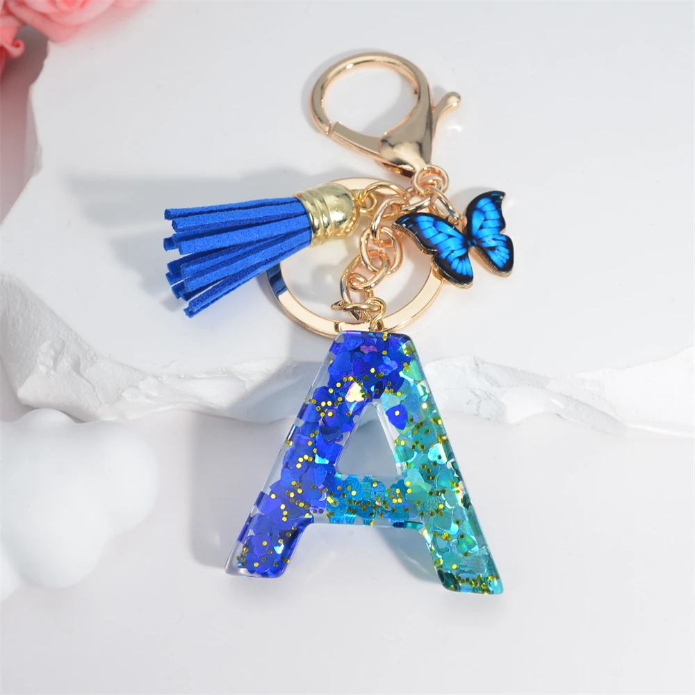 Sea Blue A To Z 26 Letter Keychain Women Wallet Charms 26 Initials Alphabet Butterfly Tassel Pendant With Key Rings Jewelry Gift