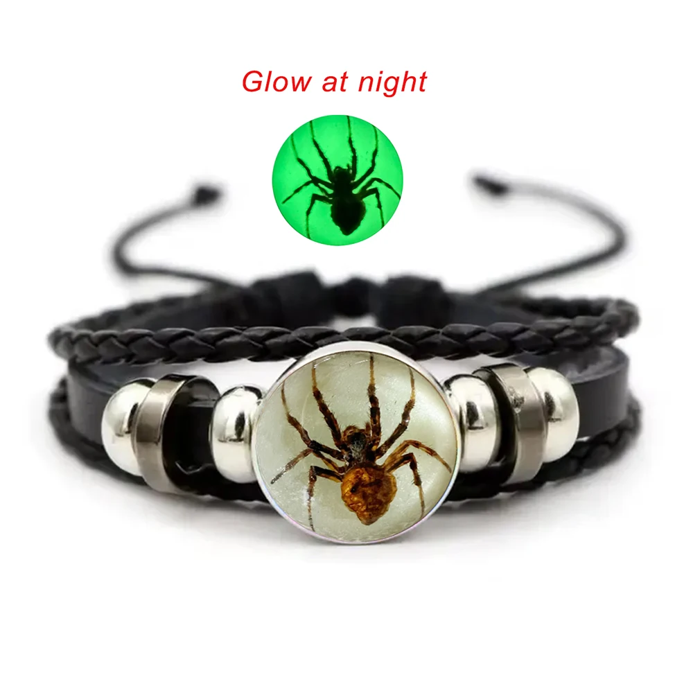 Pulsera de cuero con imagen artística de cristal de araña ciempiés de escorpión luminoso para hombres que brilla en la oscuridad joyería ajustable de insectos