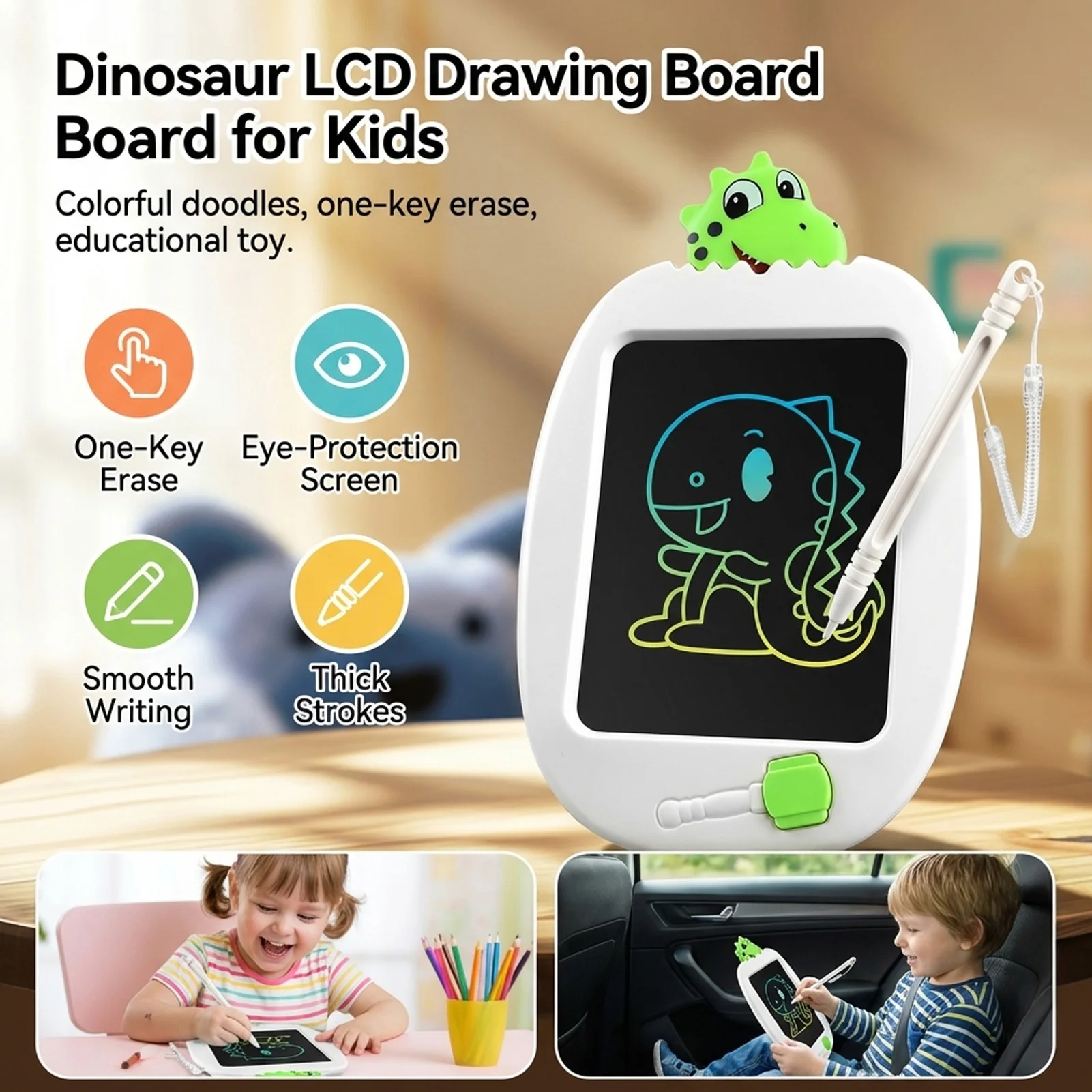 Kids LCD Writing Tablet Cartoon Pattern Doodle-Board One Touch Erase Educational Toy for Drawing and Writing