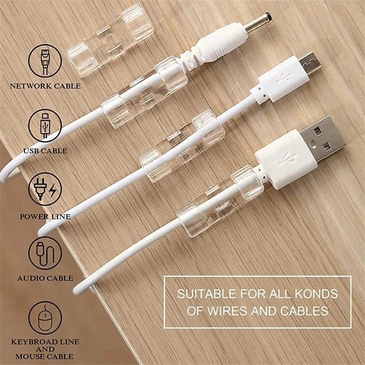 Clear Plastic Cable Clips - Transparent Wire Organizers for Wall & Desk Cable Management, Adhesive Cord Holders