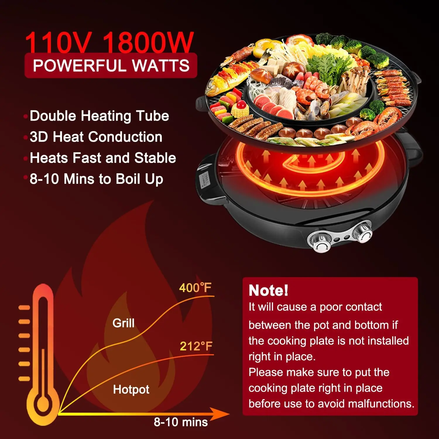 Party DUO Electric Smokeless Grill and Hot Pot, With Separable Cooking Plate, Deluxe Combo of 1 Recipe Book, 1 Tong, 1 Oil Brush