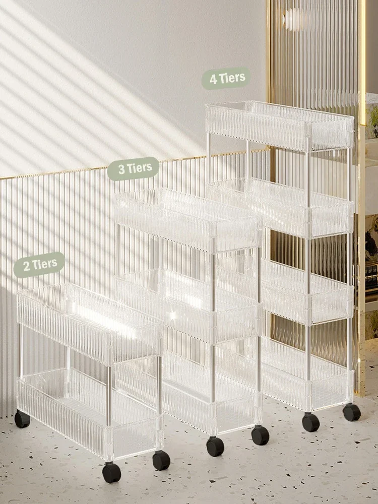 Clear Acrylic Trolley Rack Movable Rolling Utility Cart Narrow Gap Storage Rack with Wheels Bathroom Removable Shelf 2/3/4 Layer