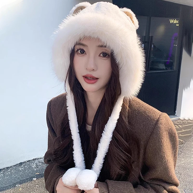 Women's Winter Cute Bear Plush Ear Protection Hat Fleece Lined And Thickened Warm Face Exposing Small Lightning Hat