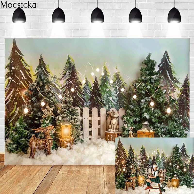 Mocsicka Winter Forest Photo Background Snow Scene Photo Christmas Tree Photography Backdrop Studio Photography Props