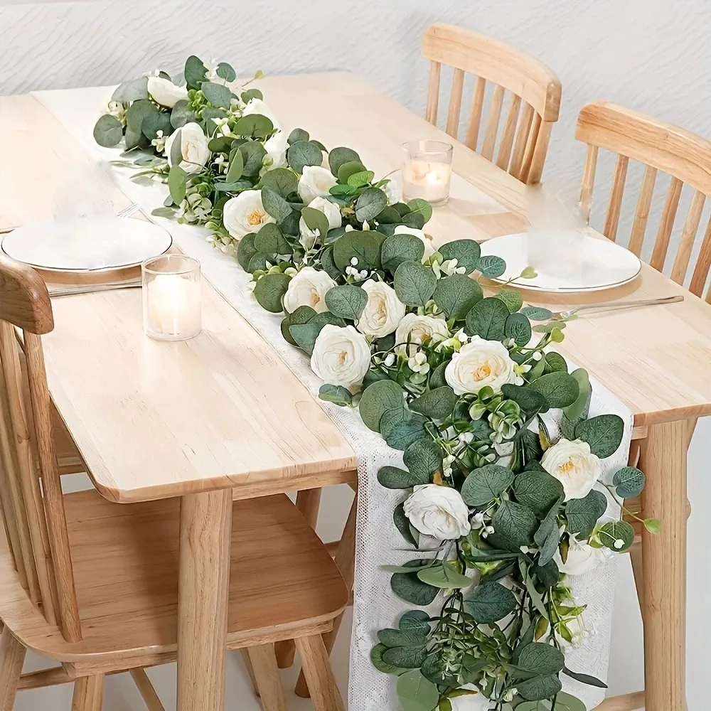 70inch Eucalyptus and Rose Garland - Plastic Flower Vine for Home Decoration, Wedding and Engagement Table Centerpieces, No Power Required, Suitable for Various Room Types, Feather-Free Plastic Flower Vine, Ideal for Party Tables and Indoor Wall Backgrounds