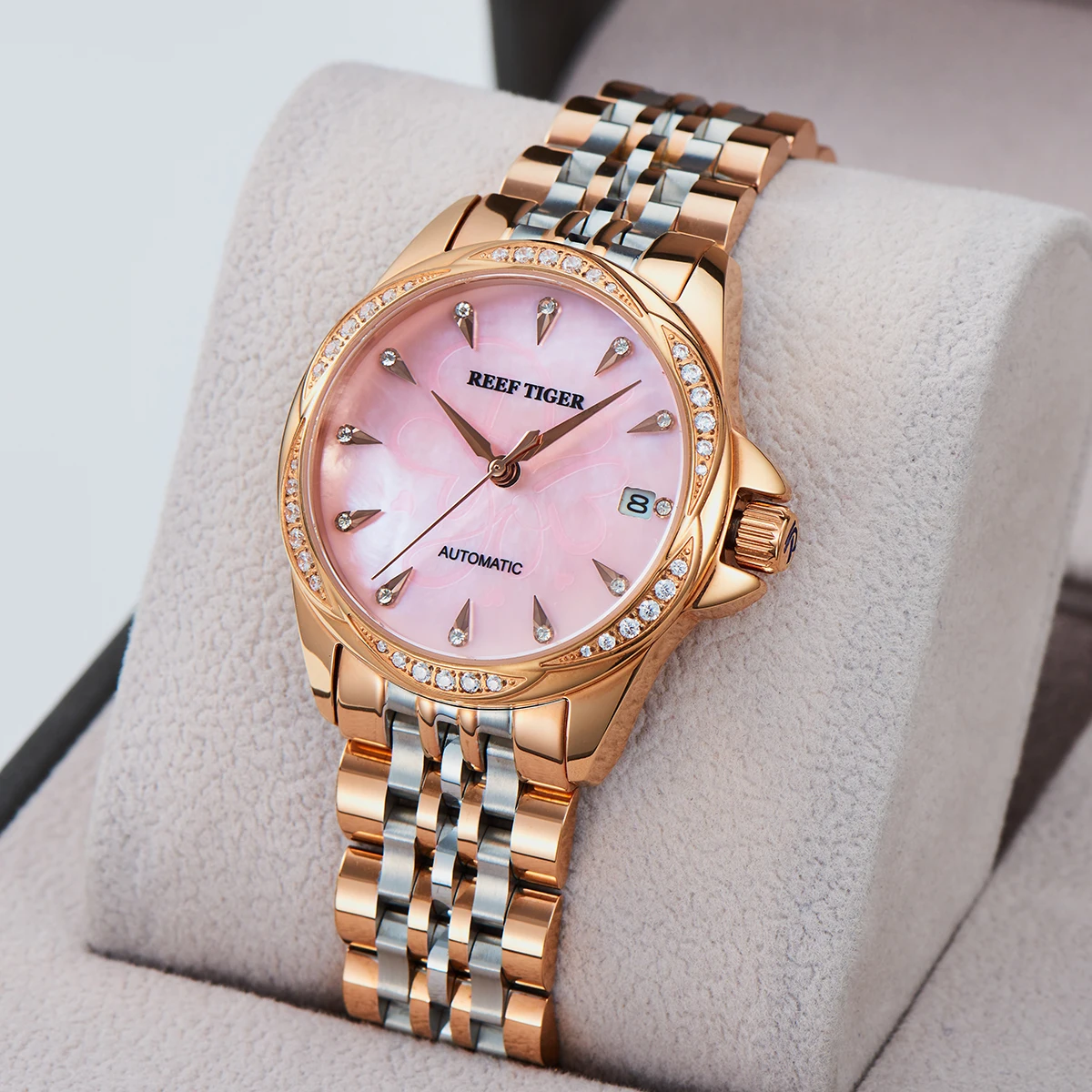 

Reef Tiger/RT Top Brand Sapphire Crystal Rose Gold Luxury Flower Diamond Women Bracelet Automatic Relogio Feminino RGA1583-2