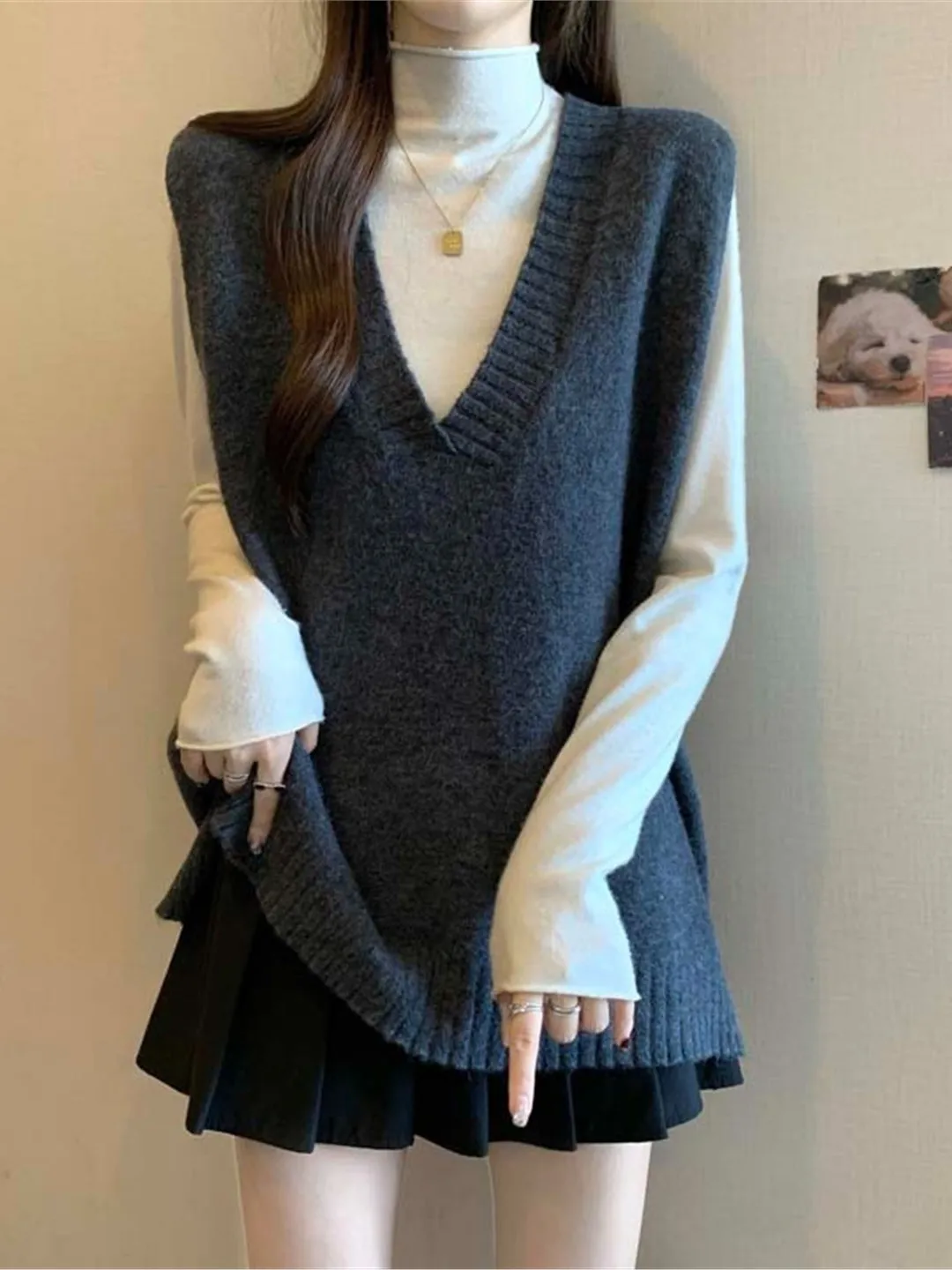 

Loose V-Ne Knitted ey Vest Women's Faion Spring Large Size Trendy Top Comfortable Loose Long Sve Mid-Length Vest