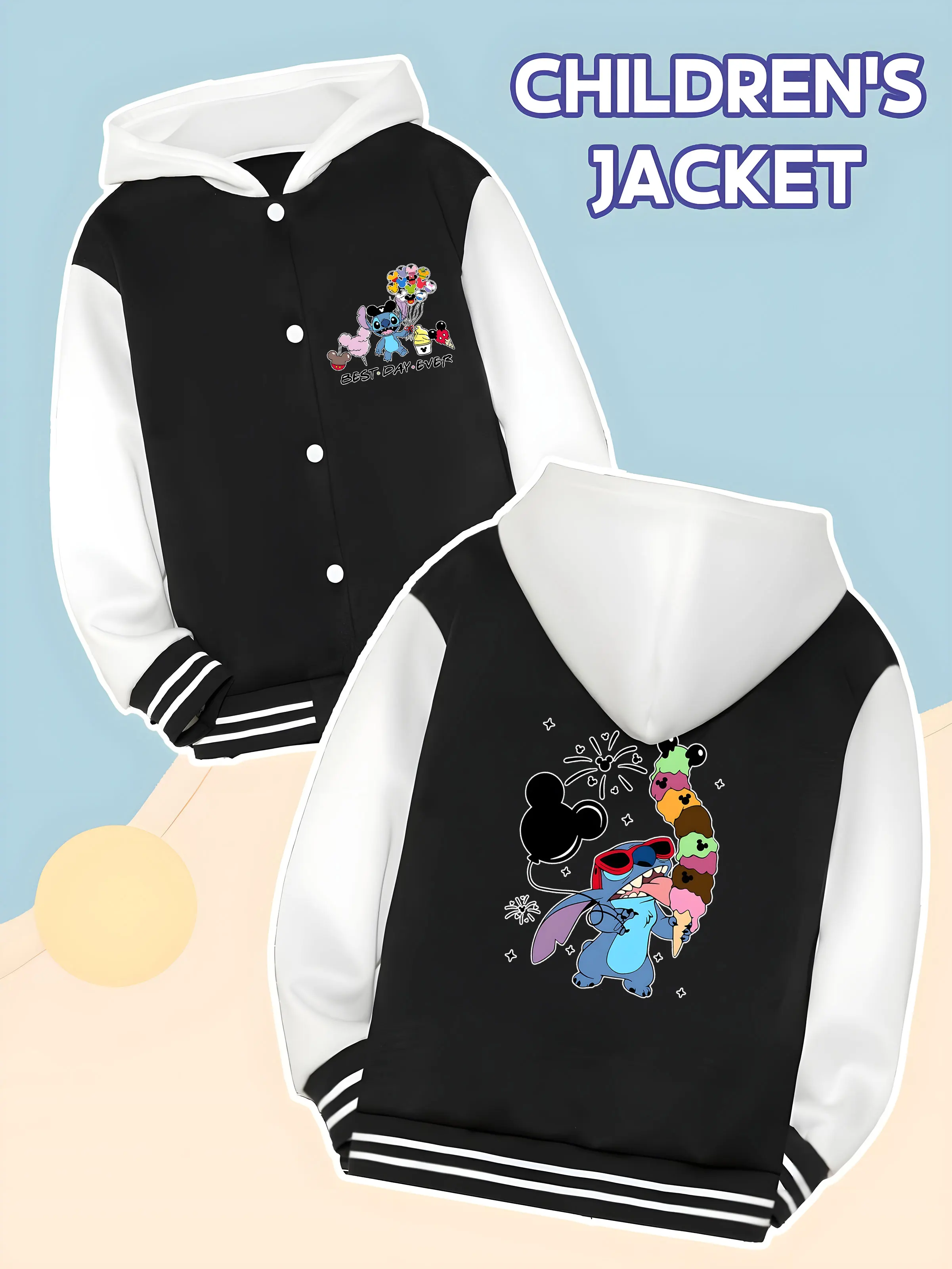 

MINISO Disney Stitch and Friends Baseball Jacket for Boys - Stitch holding ice cream fun print, trendy everyday wear