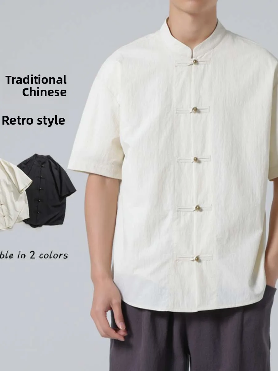 

New Chinese Sle Men's irt ort Sve Stand Collar Hanfu Wind Tang Suit Retro Trend Summer Faion Pure Color Busin S...