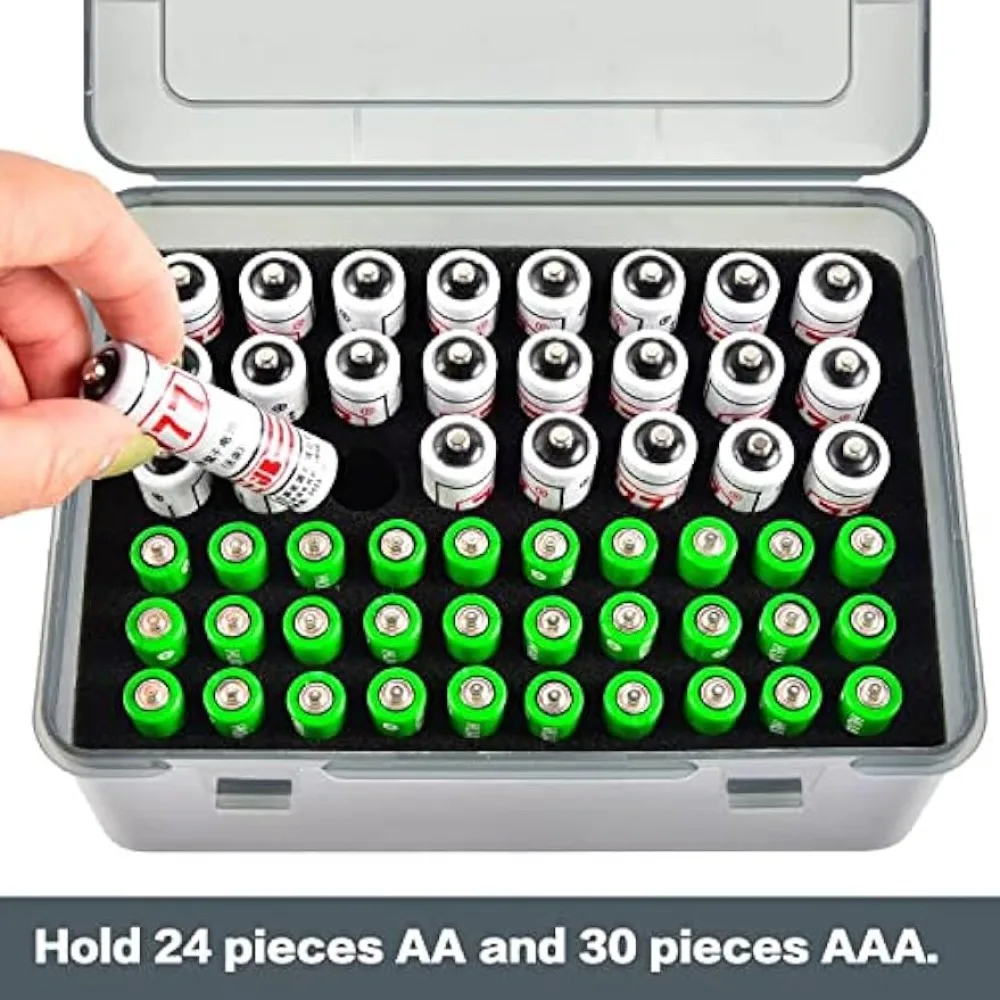 Battery Organizer Box Holds 54 AA & AAA Batteries, Transparent Design with Foam Groove for Easy Storage(Batteries Not Included)