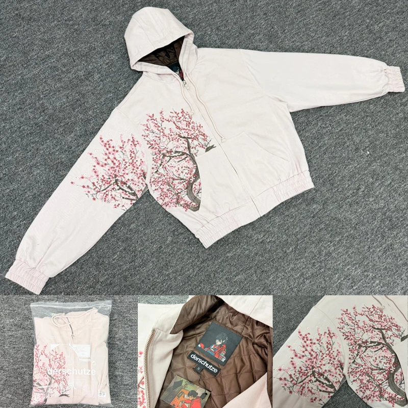 

American Style Derschutze Jacket High-quality Pink Flower Embroidery Logo Hooded Coat Streetwear Brand Derschutze Jackets