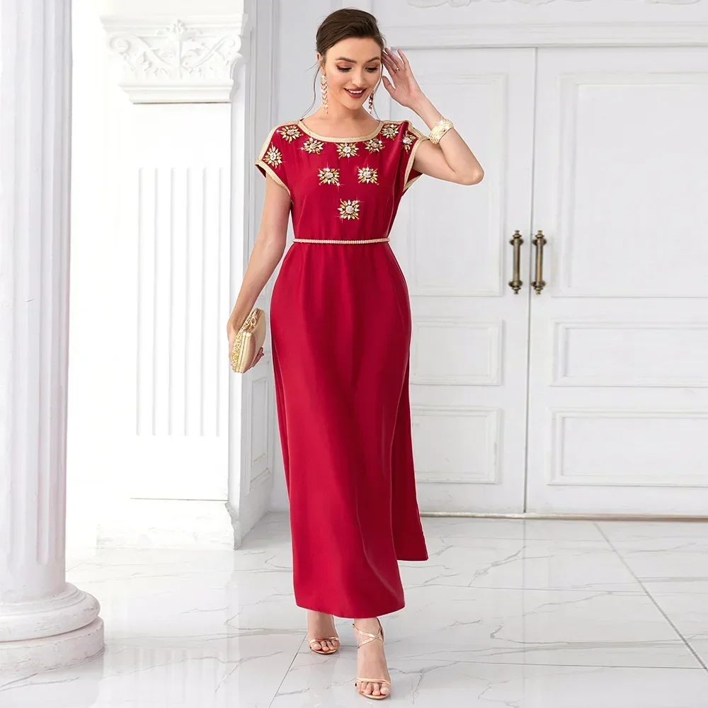 

Moroccan Caftan Dresses for Women Muslim Abaya Dress Hand Seam Drill Dubai Ramadan Satin Short Sleeve Casual Loose Robe Vestidos