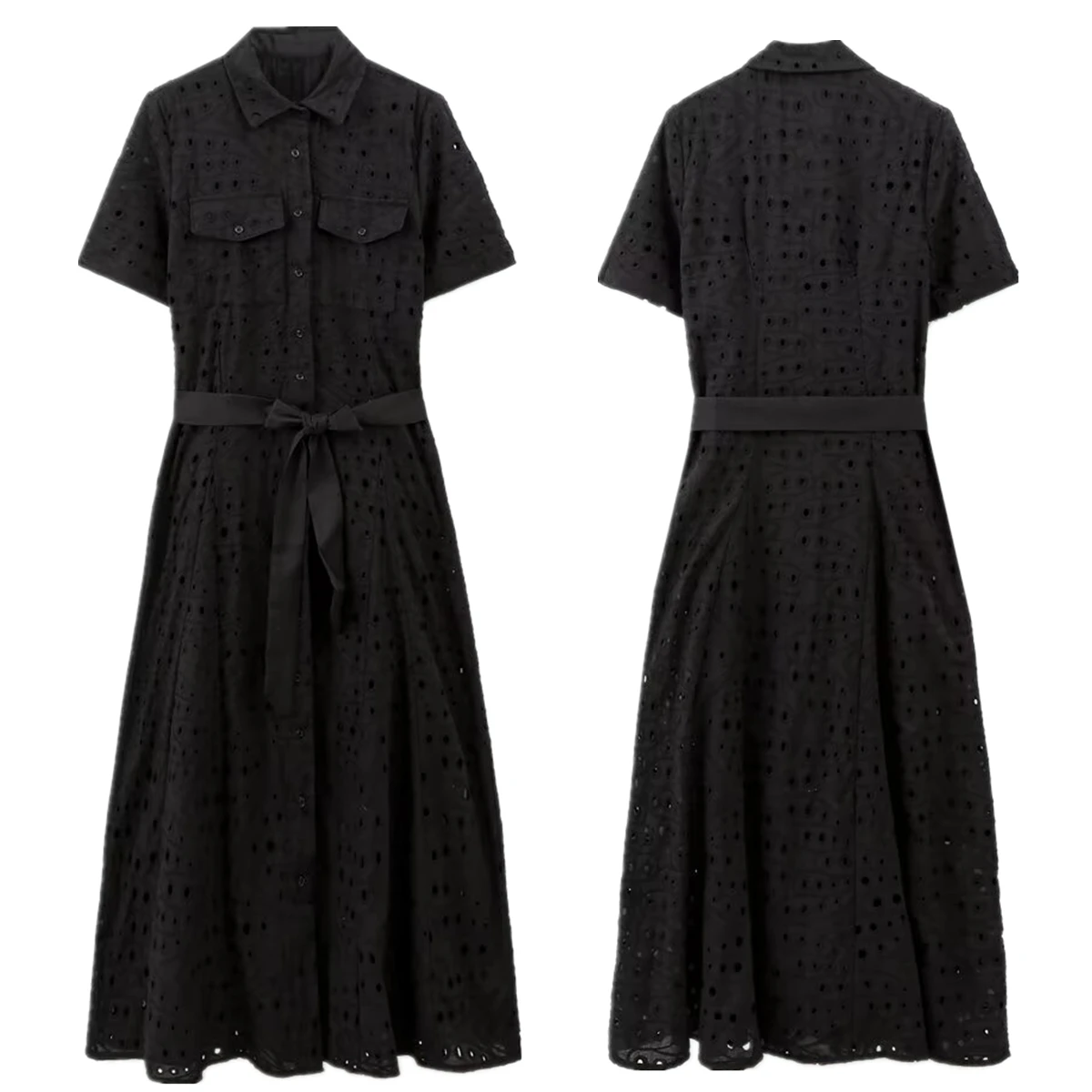 

Maxdutti Minimalist Cotton Black Embroidered Hollow Dress French Fashion Women's Elegant MIDI 2025 Summer Dress Women