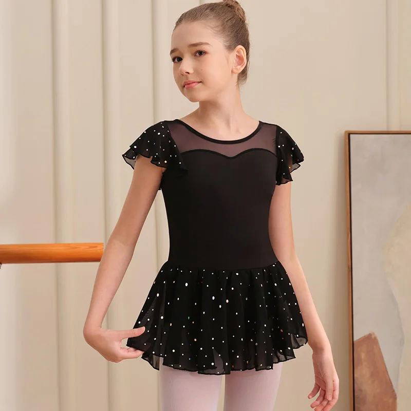 الفتيات رفرفة الترتر كم الباليه ملابس رقص الجمباز للطفل الجمباز التنانير مع التنانير عالية منخفضة وبطانة ناعمة ثياب الرقص