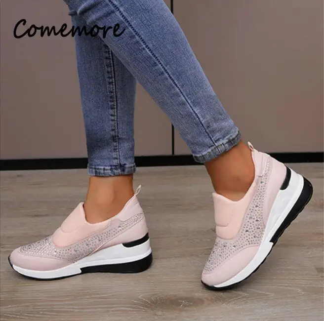 Sneakers Woman\'s High Black White Pink Sneakers for Women Outdoor Sports New Rhinestone Female Wedges Heel Sneaker Spring Autumn