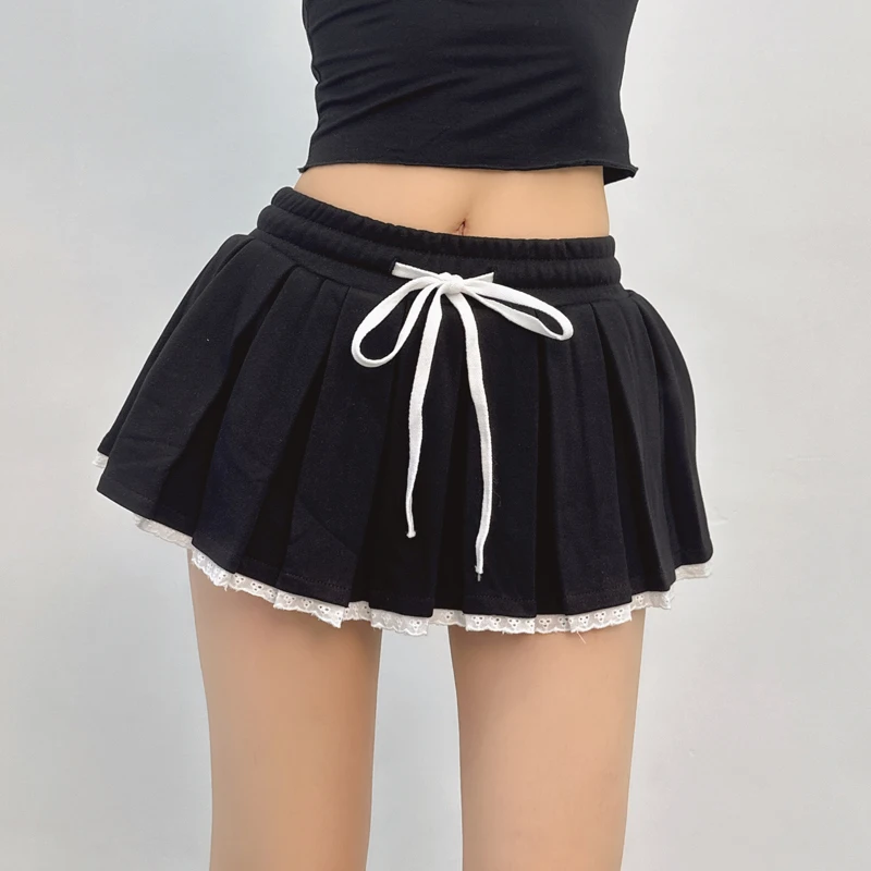 Spicy American Style Girl Low Waist Lace Patchwork Pleated Skirt Women Summer New Looped Cotton Cute Fluffy Short Skirt BKGO