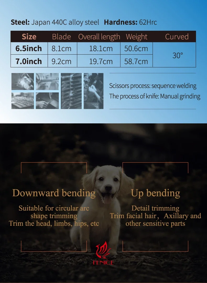 Fenice Professionelle 6,25/6,75 Zoll Gebogene Tierpflege-Schere mit Gezahnter Klinge und Säge für Hunde und Katzen JP440C – Detail 3